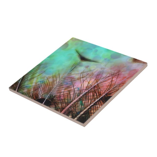 Pastel Peacock Feathers Ceramic Tile (Side)