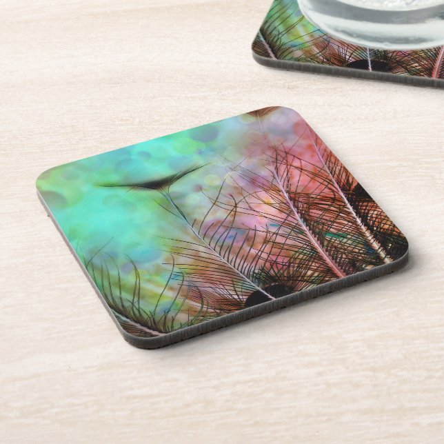 Pastel Peacock Feathers Coaster (Left Side)