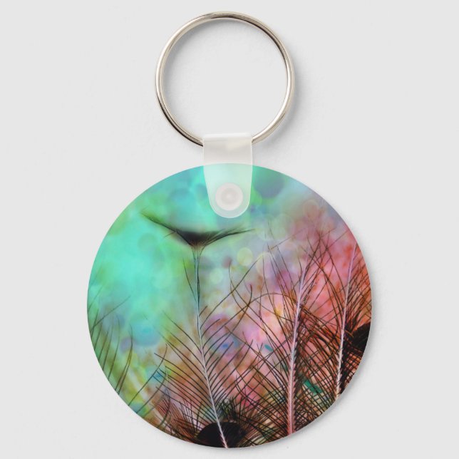 Pastel Peacock Feathers Key Ring (Front)
