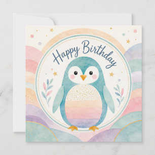 Pastel Penguin Rainbow Birthday Celebration Card