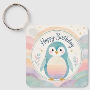 Pastel Penguin Rainbow Birthday Celebration Key Ring