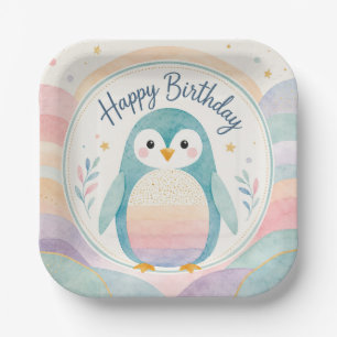 Pastel Penguin Rainbow Birthday Celebration Paper Plate