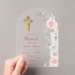Pastel Peonies Arch Baptism Acrylic Invitations
