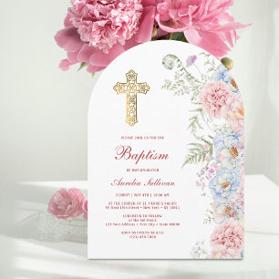 Pastel Peonies Arch Baptism Invitation