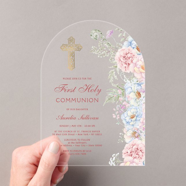 Pastel Peonies Arch First Communion Acrylic Invitations (Insitu (Handheld))