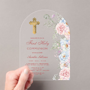 Pastel Peonies Arch First Communion Acrylic Invitations