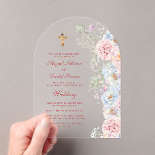Pastel Peonies Arch Religious Wedding Acrylic Invitations