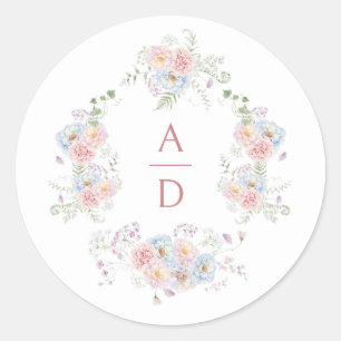 Pastel Peonies Frame Wedding Monograms Classic Round Sticker