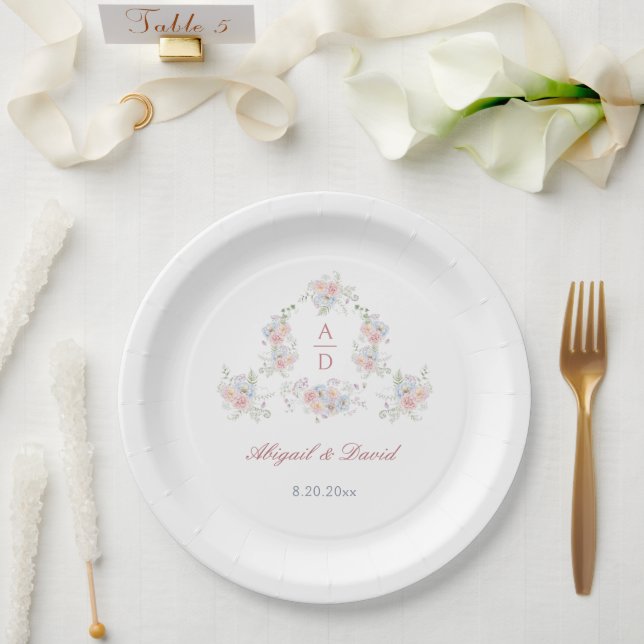 Pastel Peonies Frame Wedding Monograms Paper Plate (Wedding)