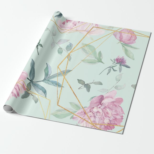 Pastel Peonies Geometric Floral Wedding Wrapping Paper (Unrolled)