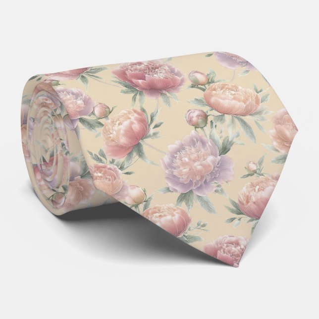 Pastel Peony Blossom Pattern Tie (Rolled)