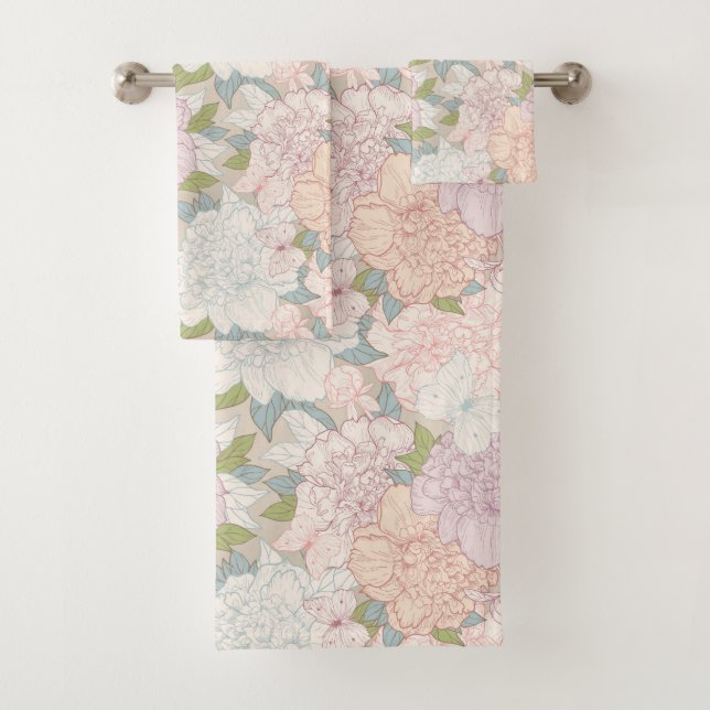 Pastel Peony & Butterfly Flower Pattern Bath Towel Set (Insitu)