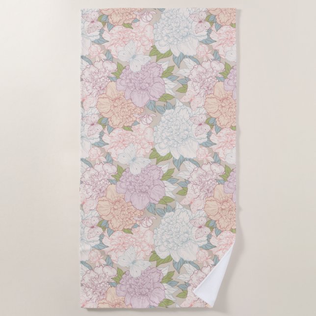 Pastel Peony & Butterfly Flower Pattern Beach Towel (Front)