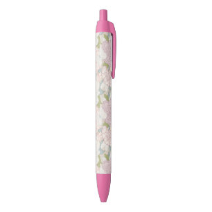 Pastel Peony & Butterfly Flower Pattern Black Ink Pen