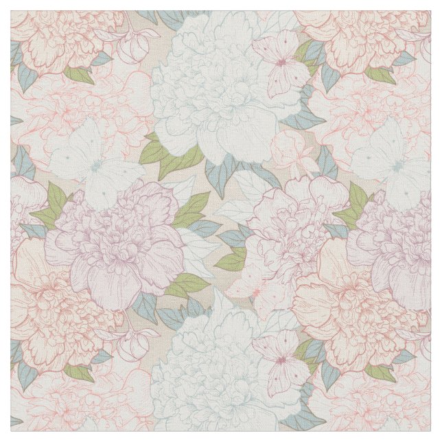 Pastel Peony & Butterfly Flower Pattern Fabric (Close Up)