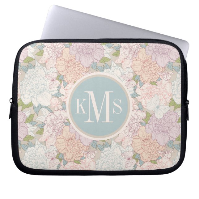 Pastel Peony & Butterfly Flower Pattern Laptop Sleeve (Front)