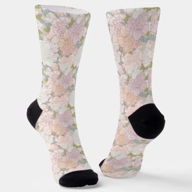 Pastel Peony & Butterfly Flower Pattern Socks (Angled)