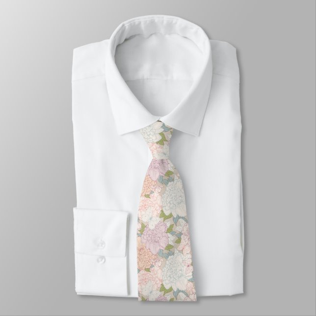 Pastel Peony & Butterfly Flower Pattern Tie (Tied)