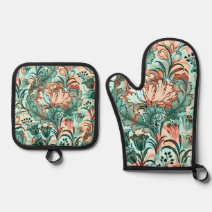 Pastel Peony Tulip Crocus William Morris Pattern Oven Mitt & Pot Holder Set