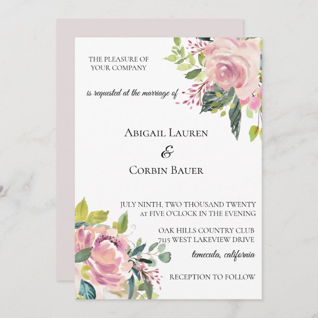 Pastel Peony Watercolor Wedding Invitation (Front/Back)