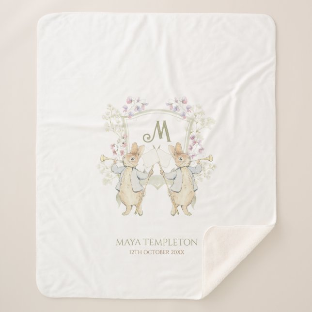 Pastel Peter the Rabbit Monogram Twins Baby Shower Sherpa Blanket (Front)