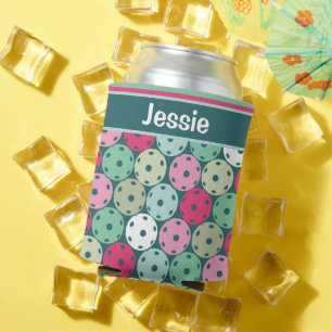 Pastel Pickleballs on dark green, with name Can Cooler