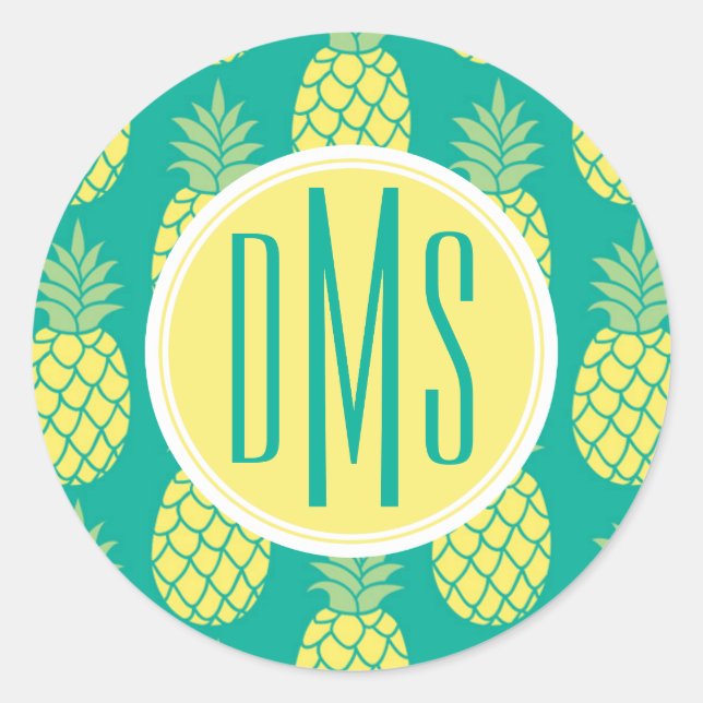 Pastel Pineapples | Monogram Classic Round Sticker (Front)