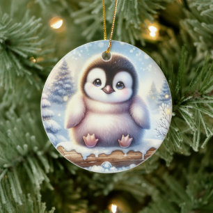 Pastel Pines & Penguin Whimsy Ceramic Ornament