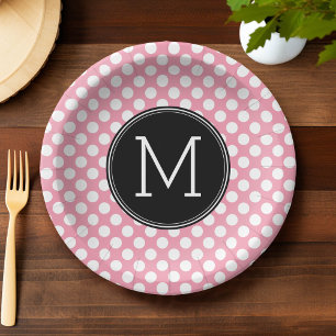 Pastel Pink and Black Polka Dots Custom Monogram Paper Plate