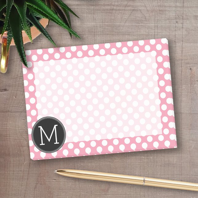 Pastel Pink and Black Polka Dots Custom Monogram Post-it Notes (Personalized post-it notes with an area to add your name or other text)