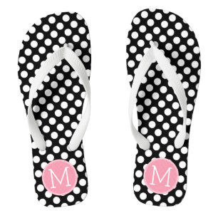 Pastel Pink and Black Polka Dots Custom Monogram Thongs