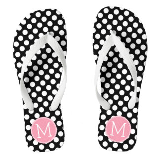 Pastel Pink and Black Polka Dots Custom Monogram Thongs