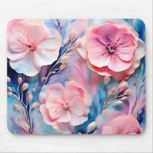 Pastel Pink and Blue Alcohol Ink Floral Pattern Mouse Pad
