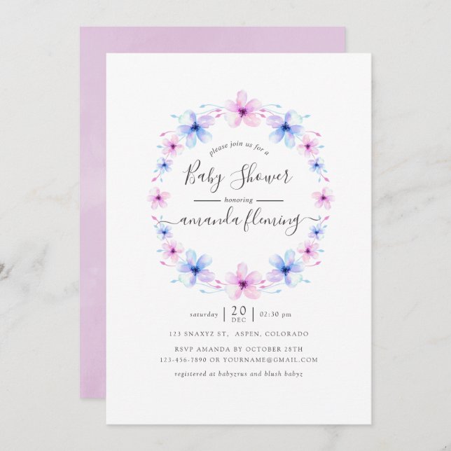 Pastel Pink and Blue Floral Baby Shower Invitation (Front/Back)