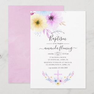 Pastel Pink and Blue Floral Baptism Invitation