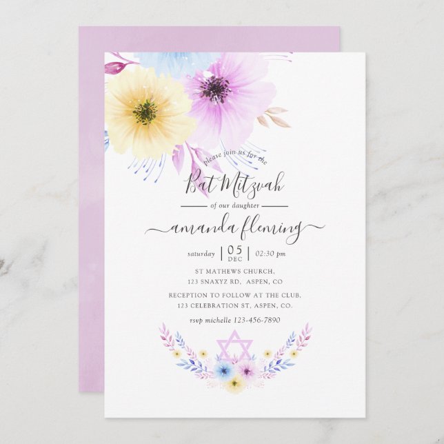 Pastel Pink and Blue Floral Bat Mitzvah Invitation (Front/Back)