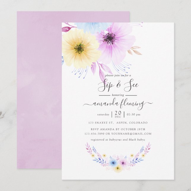 Pastel Pink and Blue Floral Sip and See Invitation (Front/Back)