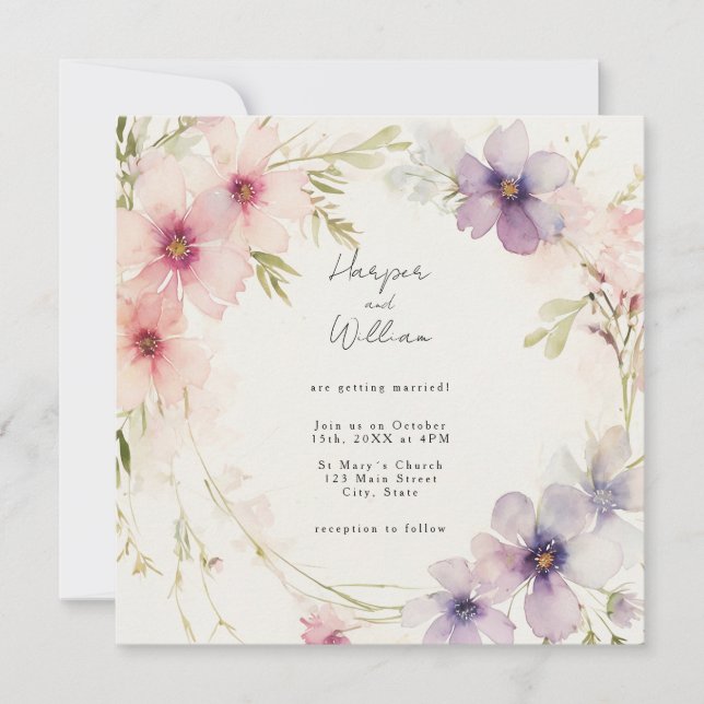 Pastel pink and blue flowers wedding invitation (Front)
