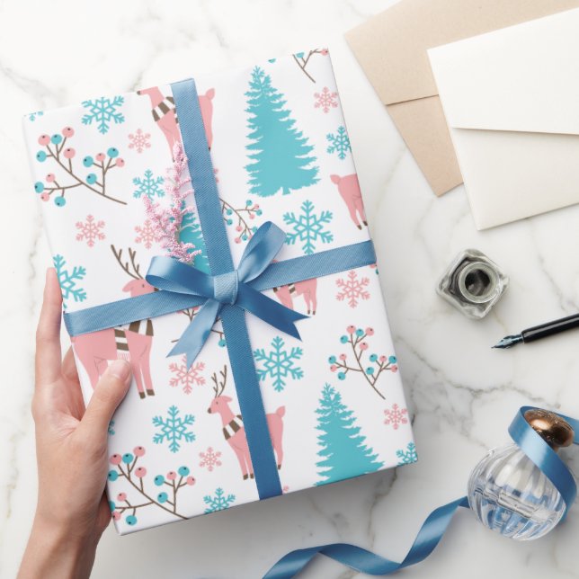 Pastel Pink and Blue Reindeer Wonderland White Wrapping Paper (Gifting)