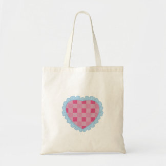 Pastel Pink and Blue Retro Gingham Heart Graphic Tote Bag