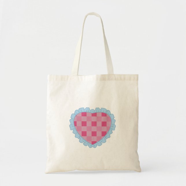 Pastel Pink and Blue Retro Gingham Heart Graphic  Tote Bag (Front)