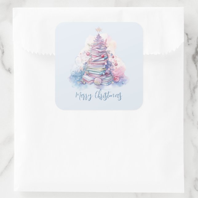Pastel Pink and Blue Stacked Books Christmas Tree Square Sticker (Bag)