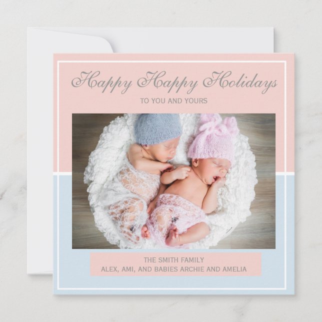 Pastel Pink and Blue Twin Boy Girl Photo Christmas Holiday Card (Front)
