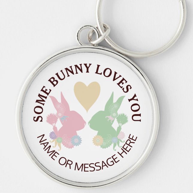 Pastel Pink and Green Bunnies with Heart Custom Key Ring (Front)
