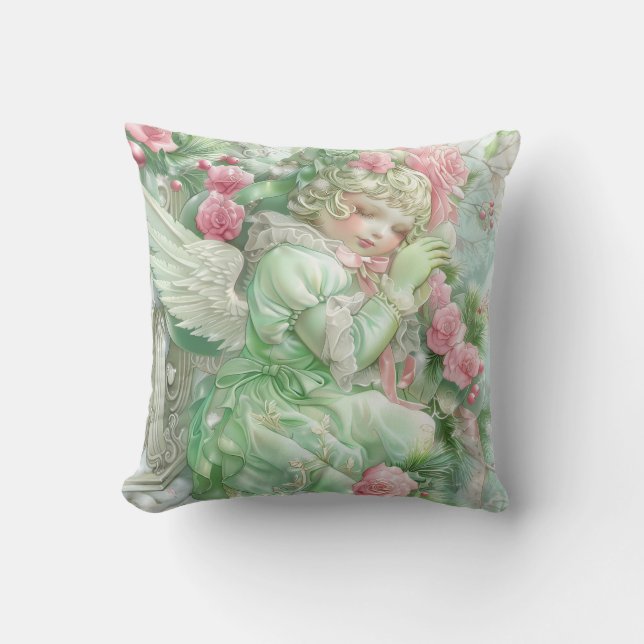 Pastel Pink and Green Christmas Throw Pillow (Front)