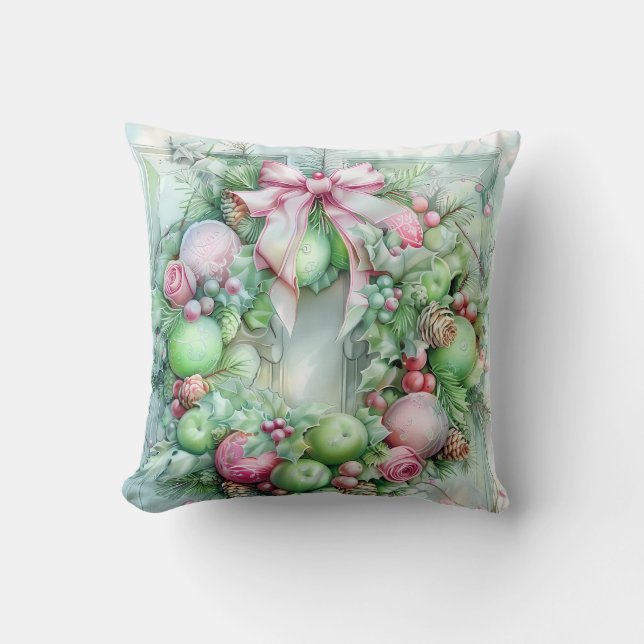 Pastel Pink and Green Christmas Throw Pillow (Front)