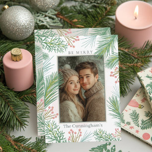 Pastel Pink and Green Holly Christmas Holiday Card