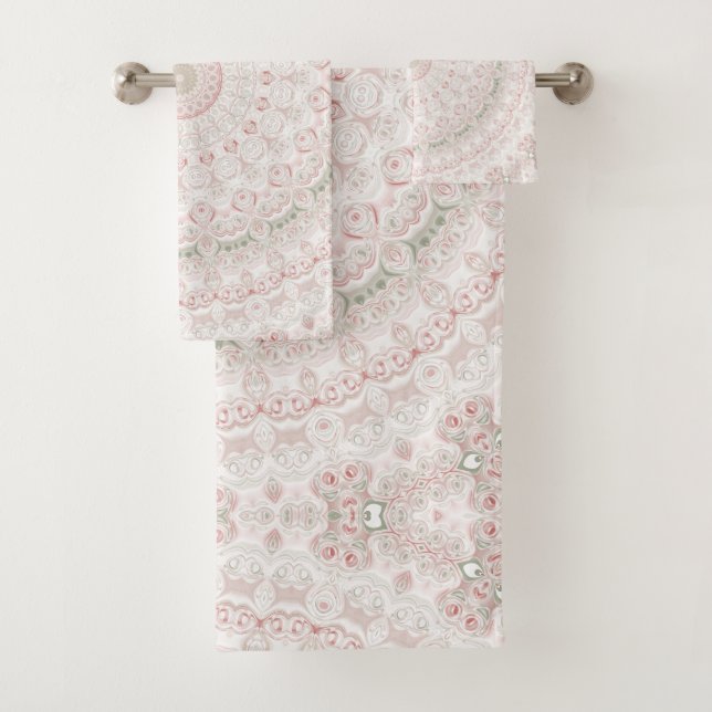 Pastel Pink and Green Mandala Pattern Design Bath Towel Set (Insitu)