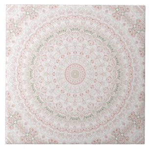 Pastel Pink and Green Mandala Pattern Design Ceramic Tile