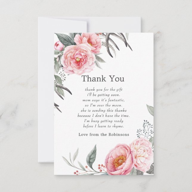 Pastel Pink and Grey Boho Floral Baby Shower Thank You Card (Front)